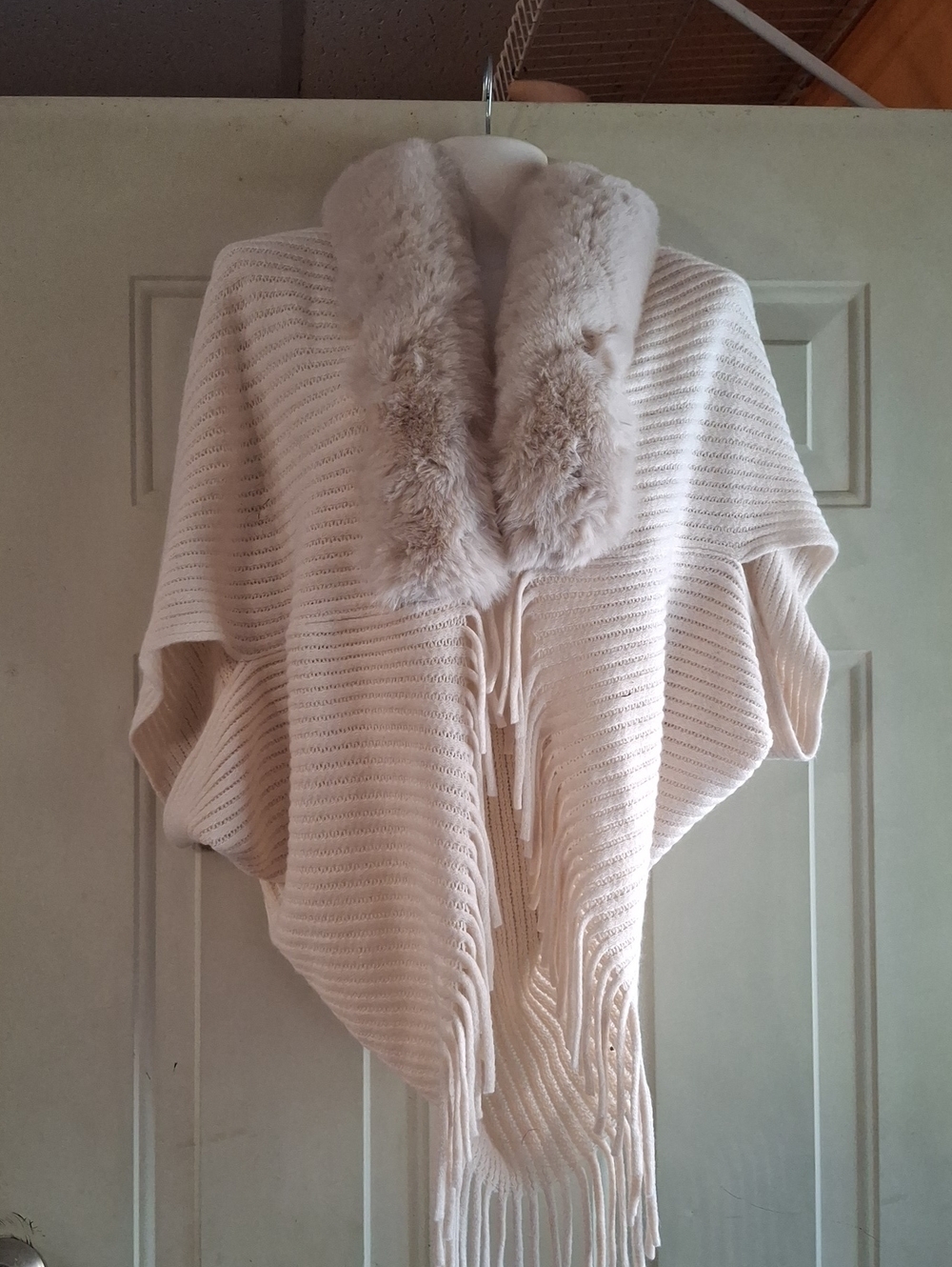 Marshalls Cream Knit Poncho with Faux Fur Collar